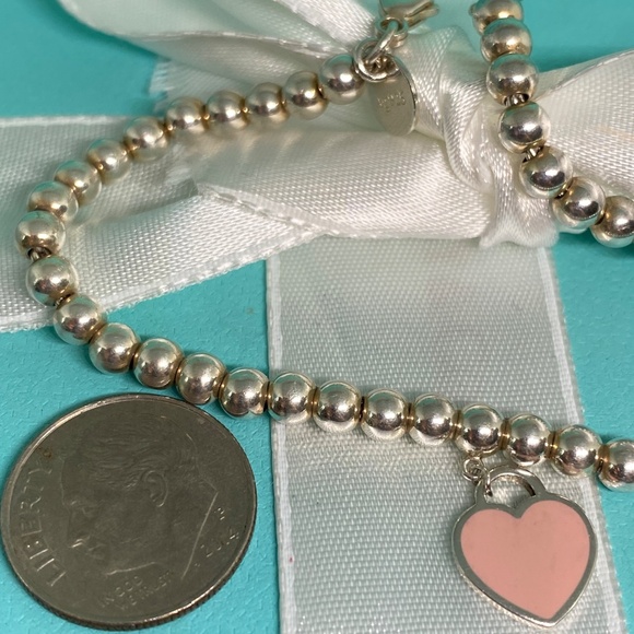 Tiffany Co. Silver 925 Blue Enamel Mini Heart Tag Charm 4mm Bead Ball Bracelet - Picture 8 of 9